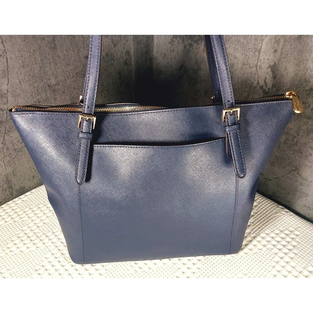 Michael Kors Navy Saffiano Leather Tote Bag Jet Set Travel Gold Logo Charm